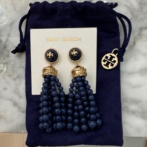 Tory Burch Blue and Gold Beaded Tassel Earrings